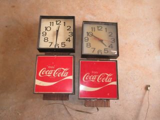 2 Vintage Coke Coca Cola Soda Pop Lighted Clock Signs - Metal & Plastic 23 "