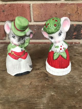 2 Vintage Jasco Christmas Mice Ornament Figurines Lil Chimer Porcelain Bell 4 "