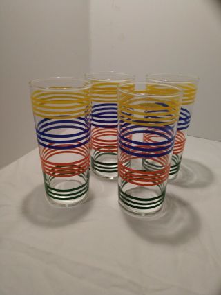 Vintage 4 Yellow Blue Orange And Green Drinking Glasses,  6 1/4 " H.