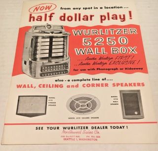 Vintage Wurlitzer Model 5250 Wall Box Salesman Single Advertising Sheet C1950s