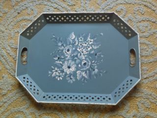 Vintage Nashco Large Hand Painted Floral Blue Tole Metal Tray Cottage / Shabby