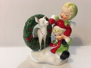 Vtg Napco Children Bottle Feeding White Deer In Holly Berry Wreath Figurine Rare