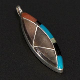 Vtg Sterling Silver - Navajo Coral,  Turquoise,  Onyx & Mop Mosaic Pendant - 2g