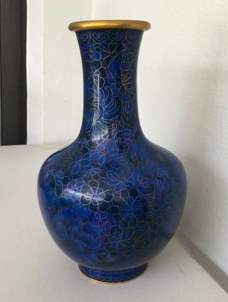 Vintage 10” Chinese Blue Floral Cloisonne Vase Brass Enamel – Leaves & Flowers