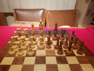 Vintage Hand Carved Wooden Chess Board Incomplete As - Is Includes Case