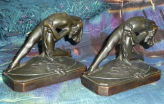 Vintage Art Deco Bronze Nudes Bookends Patina