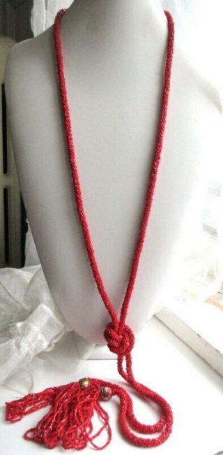 Bright Red Seed Beads Vintage Art Deco FLAPPER NECKLACE Old Venetian Glass Beads 2