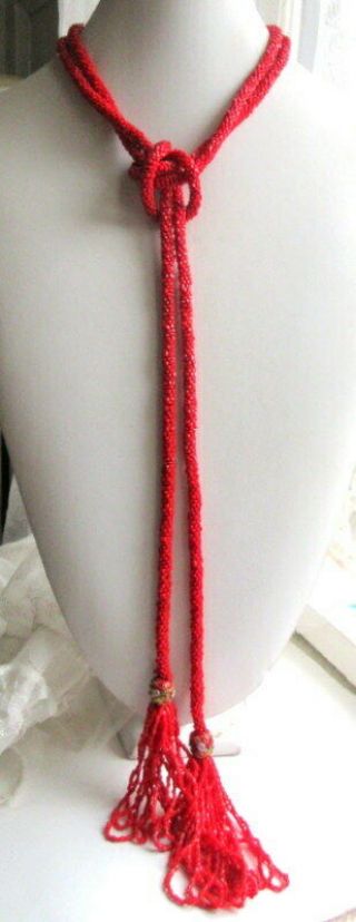 Bright Red Seed Beads Vintage Art Deco FLAPPER NECKLACE Old Venetian Glass Beads 3