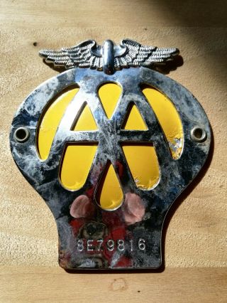 Vintage Aa Car Badge Serial Number 8e79816 Classic Car Motorcycle Badge 1960s