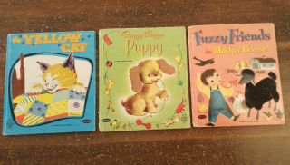 3 Vintage Fuzzy Wuzzy Book Tell A Tale Whitman - Yellow Cat And 2 Others