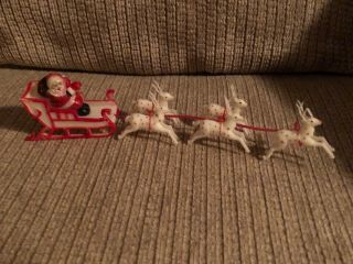 Vintage Plastic Santa And Sleigh With 5 Reindeer Made In Hong Kong No 35