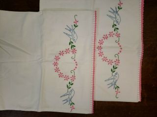 Vintage Pillowcases - Hand Embroidered Set Of 2,  With Pink Edging,  Birds