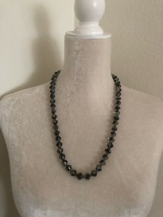 Vintage Art Deco Hand Blown Glass Clear Black Beads Necklace