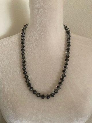 Vintage Art Deco Hand Blown Glass Clear Black Beads Necklace 2