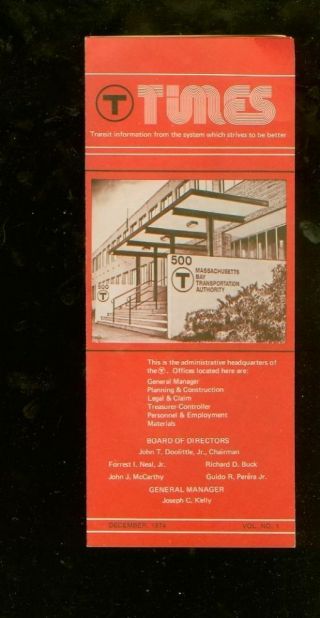 1974 (dec. ) Boston Mta (metro.  Transit Authority) " Times " Foldout Newsletter