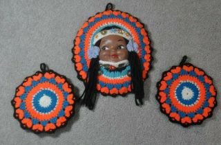 Vintage Native Indian Girl Handmade Crochet Hanging Pot Holder Kitchen Decor Euc