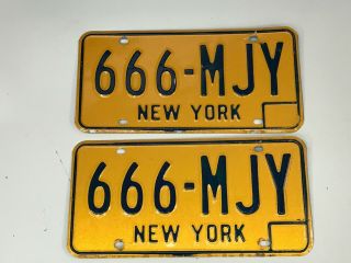 York License Plates Pair,  1974 - 1985,  666 - Mjy,  Mark Of The Beast