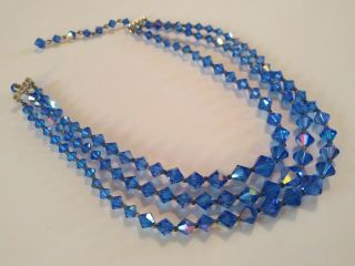 Vintage Blue Aurora Borealis Triple Strand Crystal Beaded Necklace Rhinestone