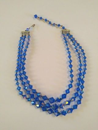 Vintage Blue Aurora Borealis Triple Strand Crystal Beaded Necklace Rhinestone 2