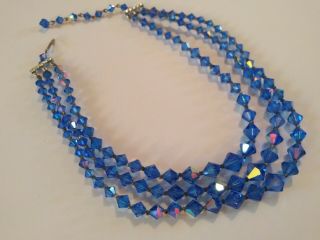 Vintage Blue Aurora Borealis Triple Strand Crystal Beaded Necklace Rhinestone 3