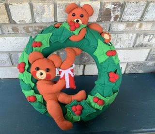Vtg Plush Fabric Bear Christmas 15” Wreath Holiday Fabric Green Red Decor