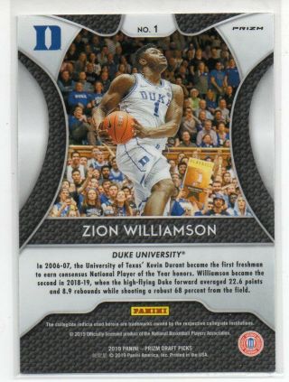 2019 - 20 Prizm Collegiate Draft Zion Williamson SIlver Prizm Rookie Card 1 RC 2