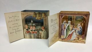 2 Vintage Die Cut 3d Pop Up Christmas Cards Nativity Manger Scene /choir