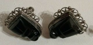 Vintage Mexican 925 Sterling Silver Black Onyx Carved Warrior Face Earrings