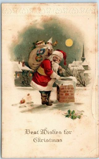 Vintage Christmas Postcard Santa Claus Smoking Pipe On Roof / Chimney 1914