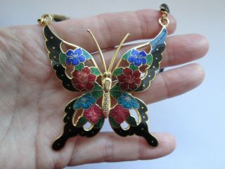 Vintage Large Cloisonne Enamel Floral Butterfly Pendant Black Cord Necklace