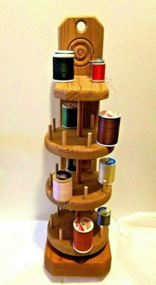 Vintage Handmade Wooden Rotating 28 Thread Rack With 12 Spools Table Top Or Wall