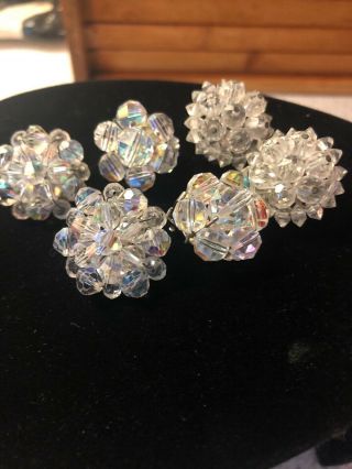 Vintage 3 Pairs Of Aurora Borealis Crystal Clip Earrings