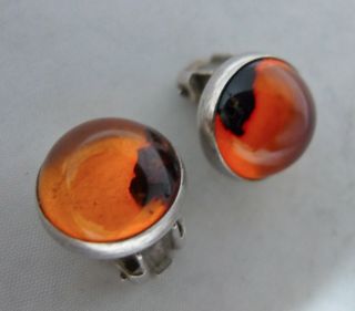 Vintage 925 Silver & Faux Amber Clip On Earrings 1.  4cm A602017