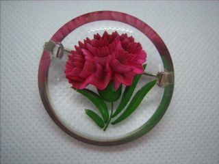 Vintage Jewellery Reverse Carved Lucite Enamel Carnation Flower Brooch / Pin