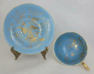 Vintage COALPORT England CAIRO Cup & Saucer GOLD BIRDS & INSECTS on MEDIUM BLUE 2