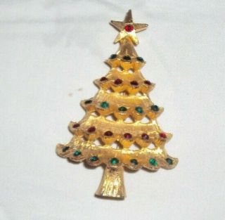 Vintage Mylu Christmas Tree Brooch Gold Tone With Green And Red Rhinestones