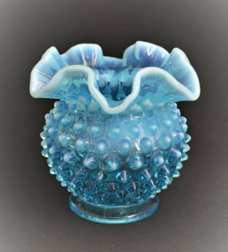 Vintage Fenton Blue Hobnail Crimped Ruffled Rose Bowl Vase