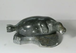 Vintage Mid 20thc Inuit Large Seal Soapstone Carving Sculpture Signed Povingtuk