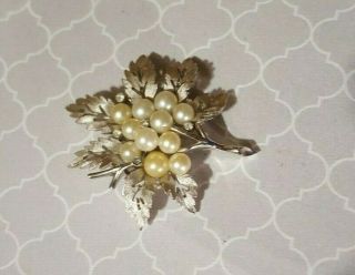 Vintage Crown Trifari Leaf Brooch With Faux Pearls And Rhinestones