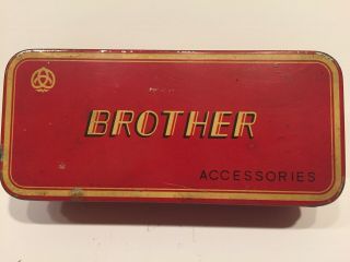 Vintage Brother Sewing Machine Accessory Metal Tin With 14 Metal Accessories