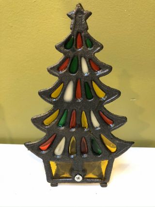 Vintage Cast Iron Votive Candle Holder Stained Glass Christmas Tree Taiwan
