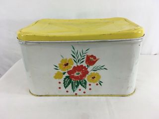 Vintage 60s Sheet Metal Tin Floral Painted Hinged Bread Box