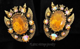 Vintage Florenza Signed Large Gold Amber Ab Rhinestone Crown Crest Earrings Clip