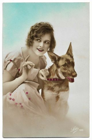 Young Woman W Belgian Shepherd Malinois Dog Vintage 1920 Rppc
