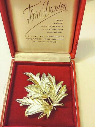 Vintage Danish Flora Danica Leaf Pin 24k Gold Plated On Sterling Silver Mib