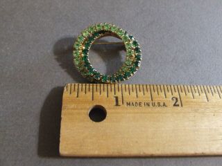 Vintage Gold Tone Light & Dark Green Rhinestone Double Circle Pin Brooch