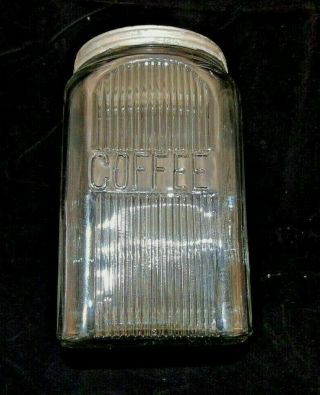 Vintage Ribbed Glass Embossed Coffee Jar Square Shape W Lid 7 1/4 "