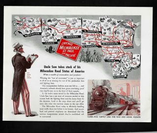 1943 Milwaukee Road 103 Train Travel Map Illustration Wwii War Vintage Print Ad