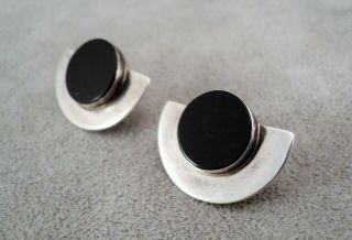 Vintage Signed Sterling Silver & Onyx Modernist Earrings 1/2 Circle - Artisan