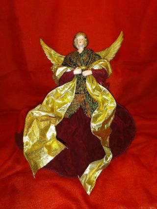 Vintage Christmas Tree Topper Angel Wired Ribbon Plastic Gold Burgundy